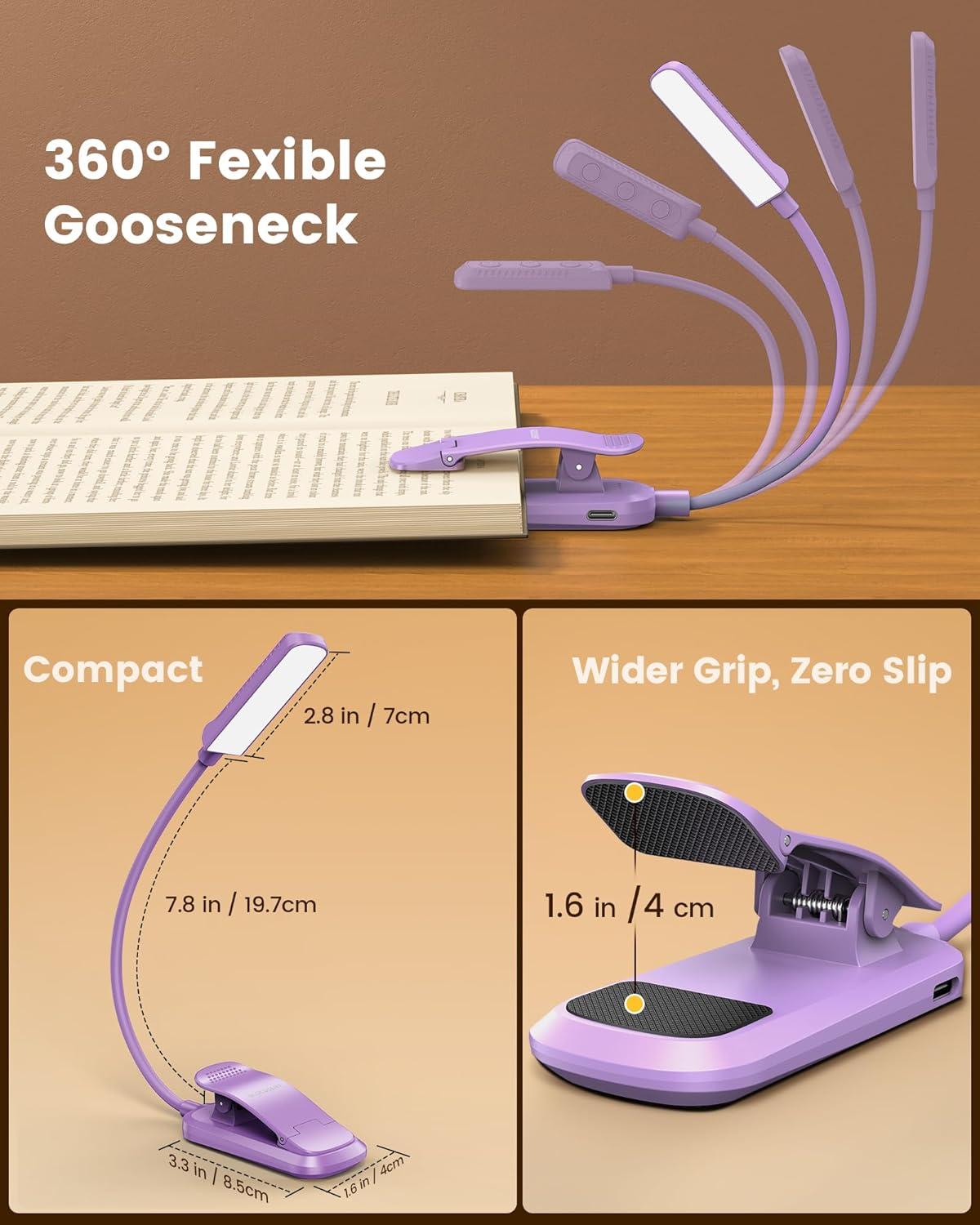 image:imageGlocusent 13 LEDs Book Lights for Reading at Night 120 Hrs Runtime Rechargeable Reading Light Eye Caring 3 Colors amp 5 Stepless Dimming Brightness 360LM Flexible Clip on Light for Book Lovers KidsPurple