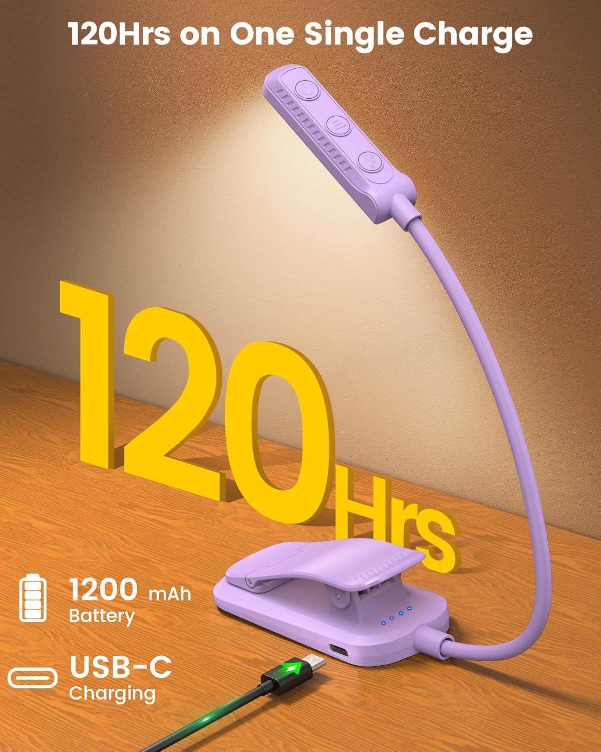 image:imageGlocusent 13 LEDs Book Lights for Reading at Night 120 Hrs Runtime Rechargeable Reading Light Eye Caring 3 Colors amp 5 Stepless Dimming Brightness 360LM Flexible Clip on Light for Book Lovers KidsPurple