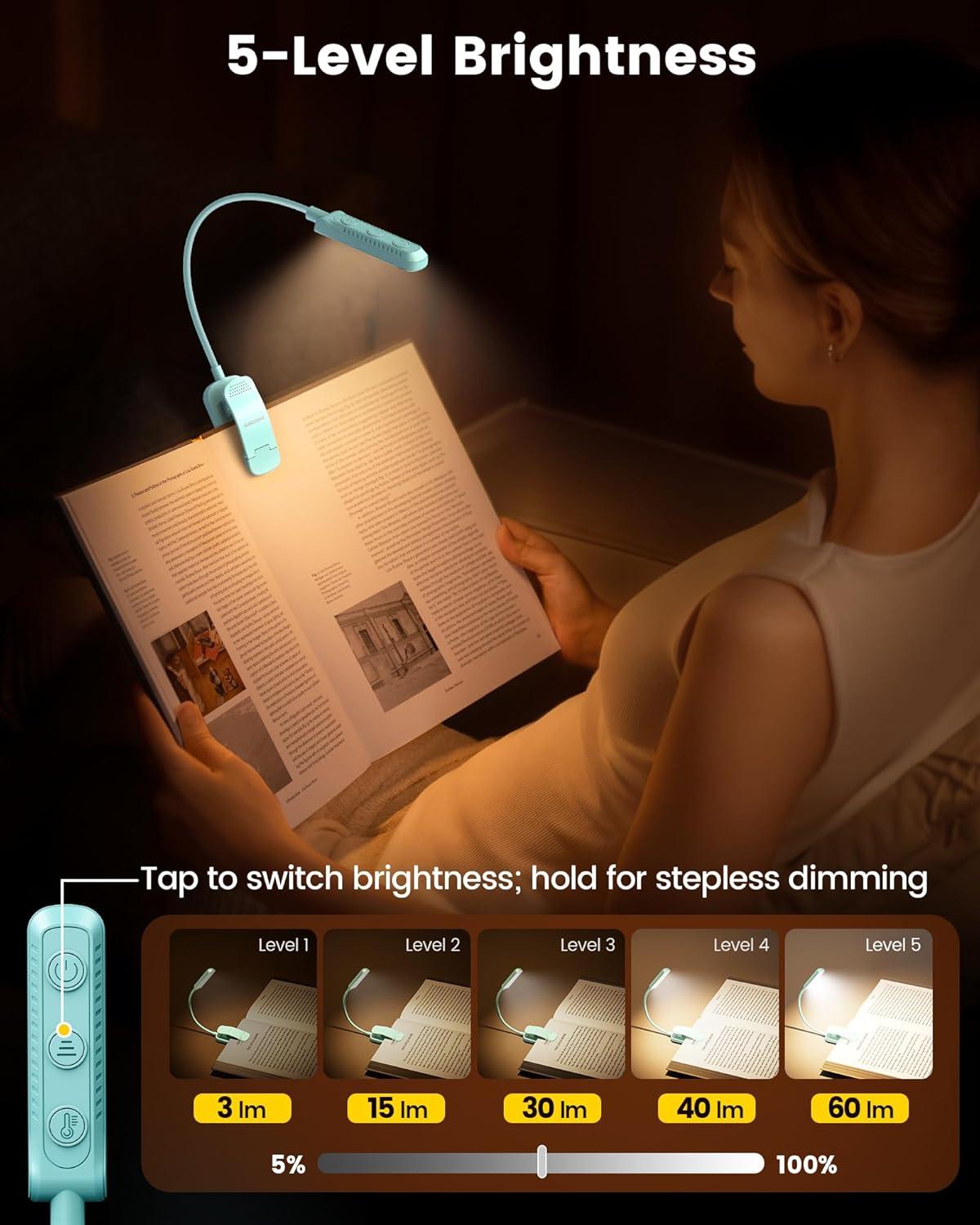 image:imageGlocusent 13 LEDs Book Lights for Reading at Night 120 Hrs Runtime Rechargeable Reading Light Eye Caring 3 Colors amp 5 Stepless Dimming Brightness 360LM Flexible Clip on Light for Book Lovers KidsSky Blue