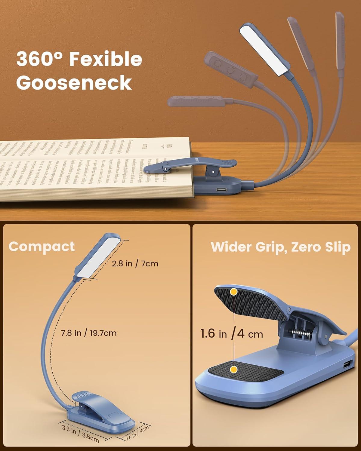 image:imageGlocusent 13 LEDs Book Lights for Reading at Night 120 Hrs Runtime Rechargeable Reading Light Eye Caring 3 Colors amp 5 Stepless Dimming Brightness 360LM Flexible Clip on Light for Book Lovers KidsLake Blue