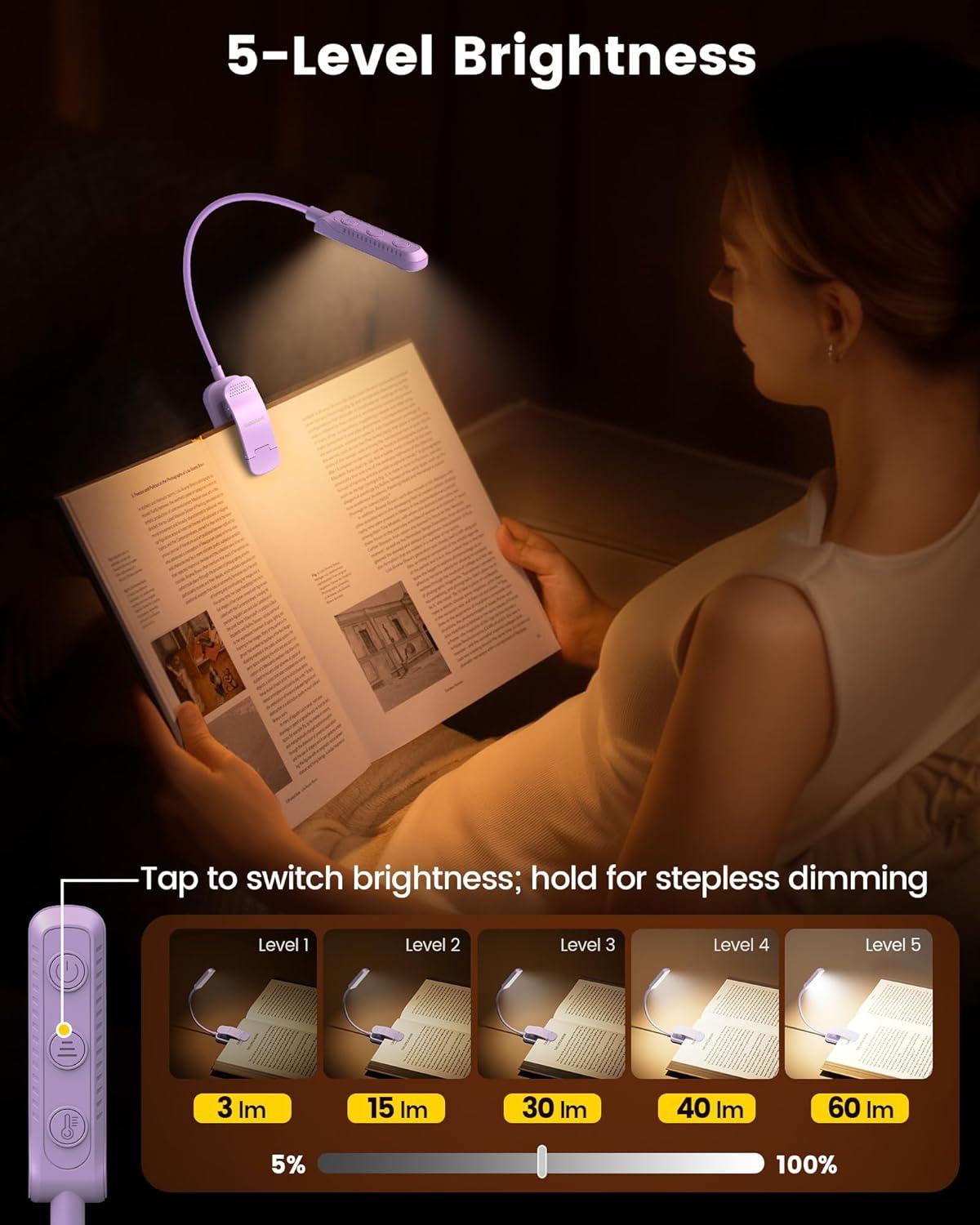 image:imageGlocusent 13 LEDs Book Lights for Reading at Night 120 Hrs Runtime Rechargeable Reading Light Eye Caring 3 Colors amp 5 Stepless Dimming Brightness 360LM Flexible Clip on Light for Book Lovers KidsPurple