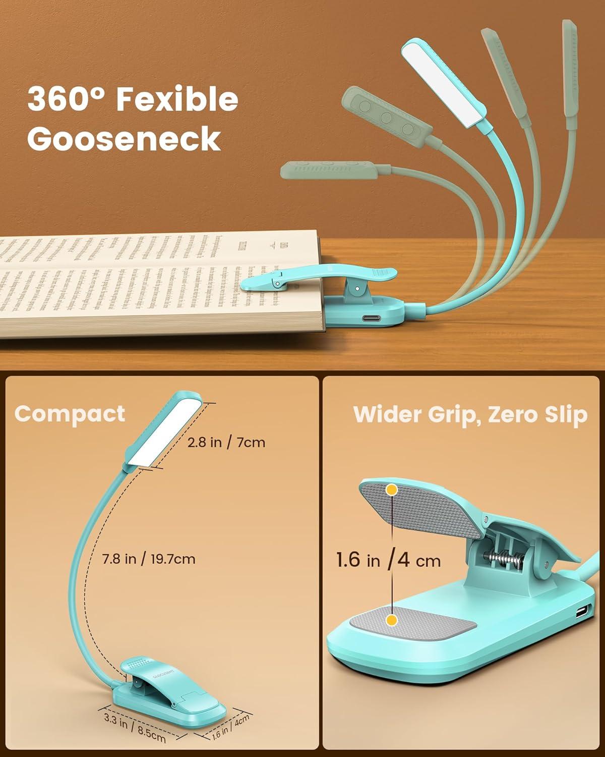 image:imageGlocusent 13 LEDs Book Lights for Reading at Night 120 Hrs Runtime Rechargeable Reading Light Eye Caring 3 Colors amp 5 Stepless Dimming Brightness 360LM Flexible Clip on Light for Book Lovers KidsSky Blue