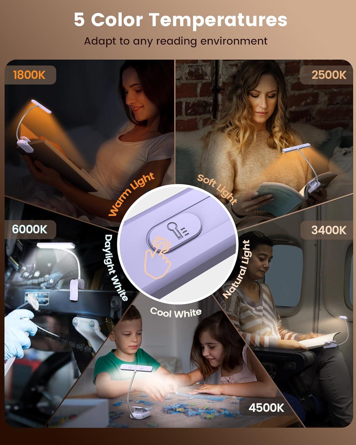 image:imageGlocusent 26 LED Book Light 1200 mAh 90 Hrs Lasting Rechargeable Reading Light 5 Amber Colors amp Stepless Dimming Book Reading Light Portable Clip on Light for Book Lovers KidsPurple