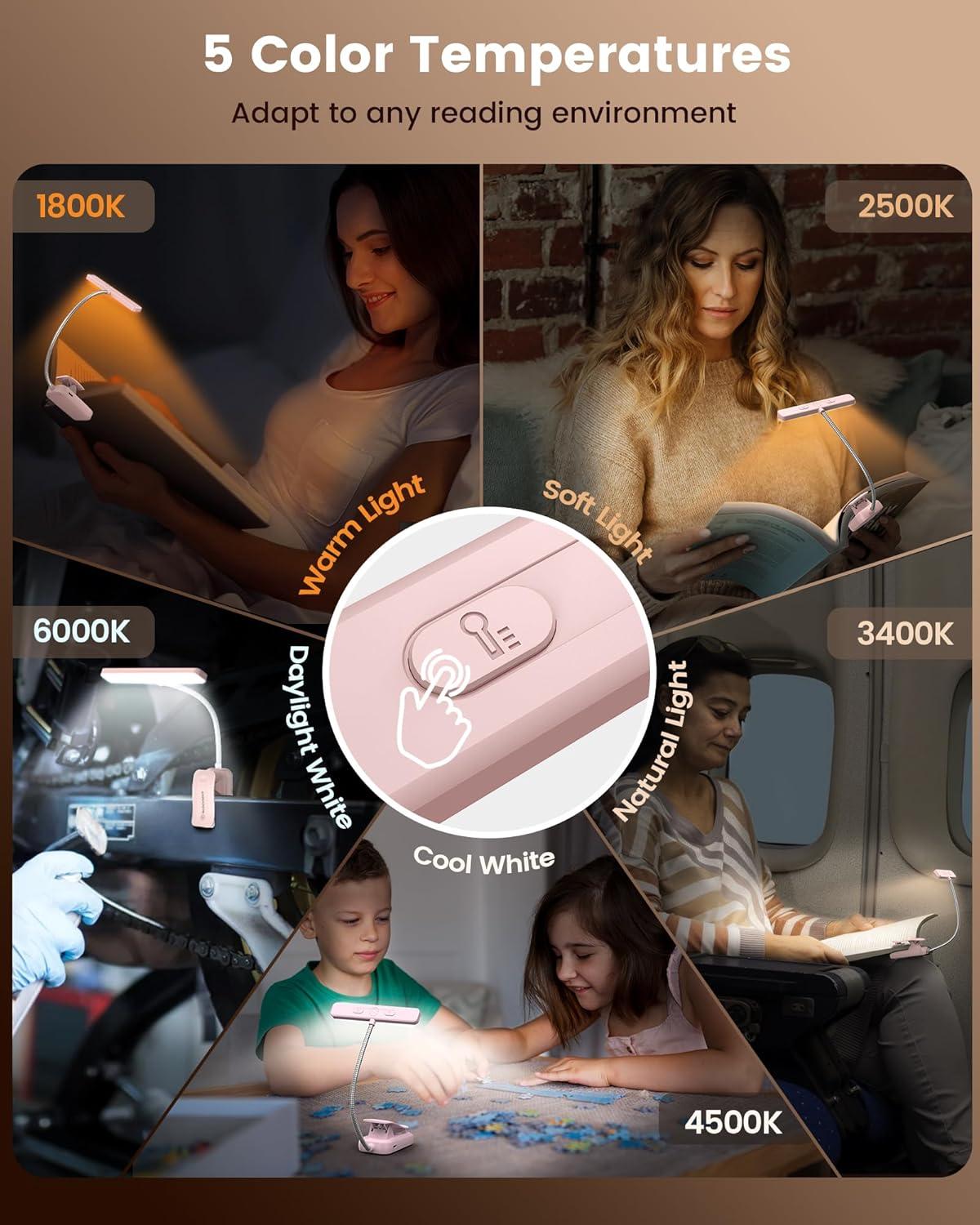 image:imageGlocusent 26 LED Book Light 1200 mAh 90 Hrs Lasting Rechargeable Reading Light 5 Amber Colors amp Stepless Dimming Book Reading Light Portable Clip on Light for Book Lovers KidsPink