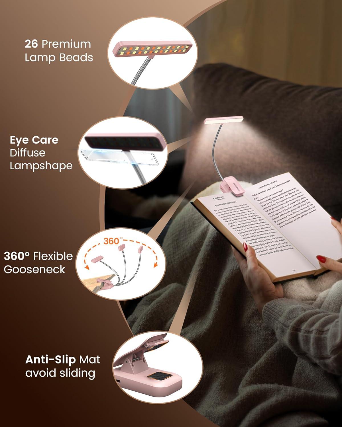 image:imageGlocusent 26 LED Book Light 1200 mAh 90 Hrs Lasting Rechargeable Reading Light 5 Amber Colors amp Stepless Dimming Book Reading Light Portable Clip on Light for Book Lovers KidsPink