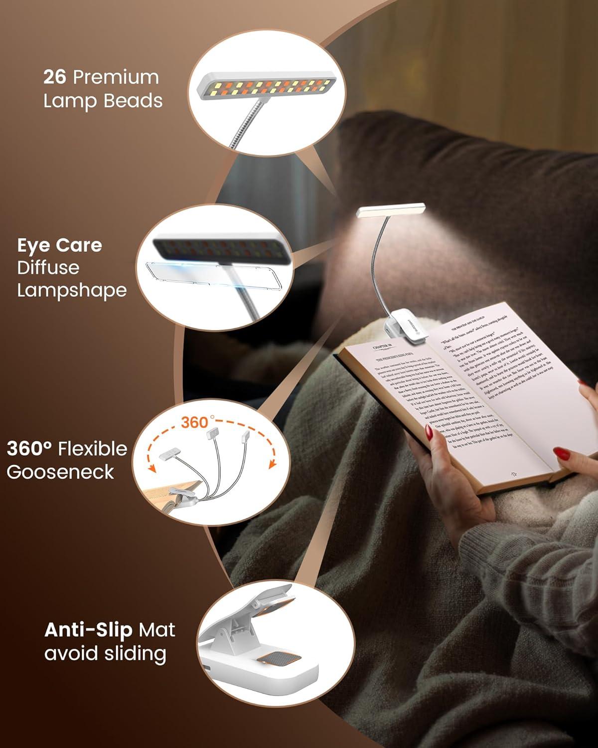 image:imageGlocusent 26 LED Book Light 1200 mAh 90 Hrs Lasting Rechargeable Reading Light 5 Amber Colors amp Stepless Dimming Book Reading Light Portable Clip on Light for Book Lovers KidsWhite
