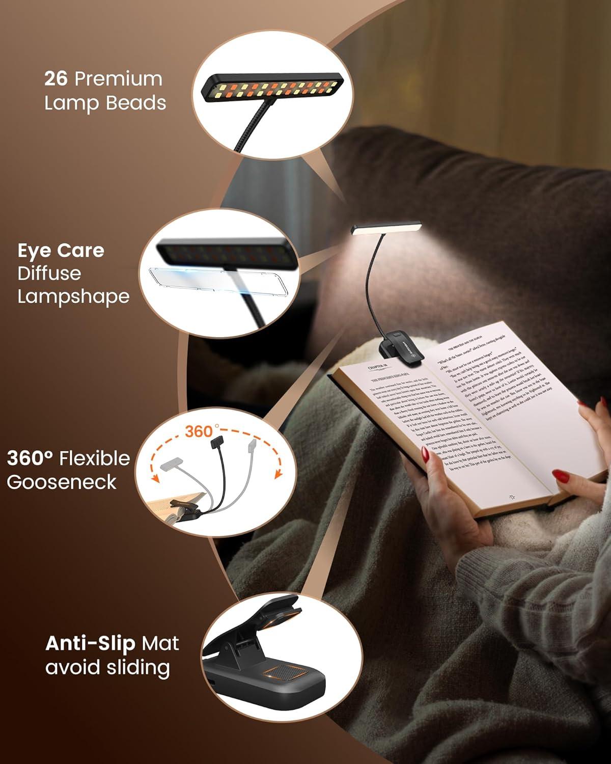 image:imageGlocusent 26 LED Book Light 1200 mAh 90 Hrs Lasting Rechargeable Reading Light 5 Amber Colors amp Stepless Dimming Book Reading Light Portable Clip on Light for Book Lovers KidsBlack