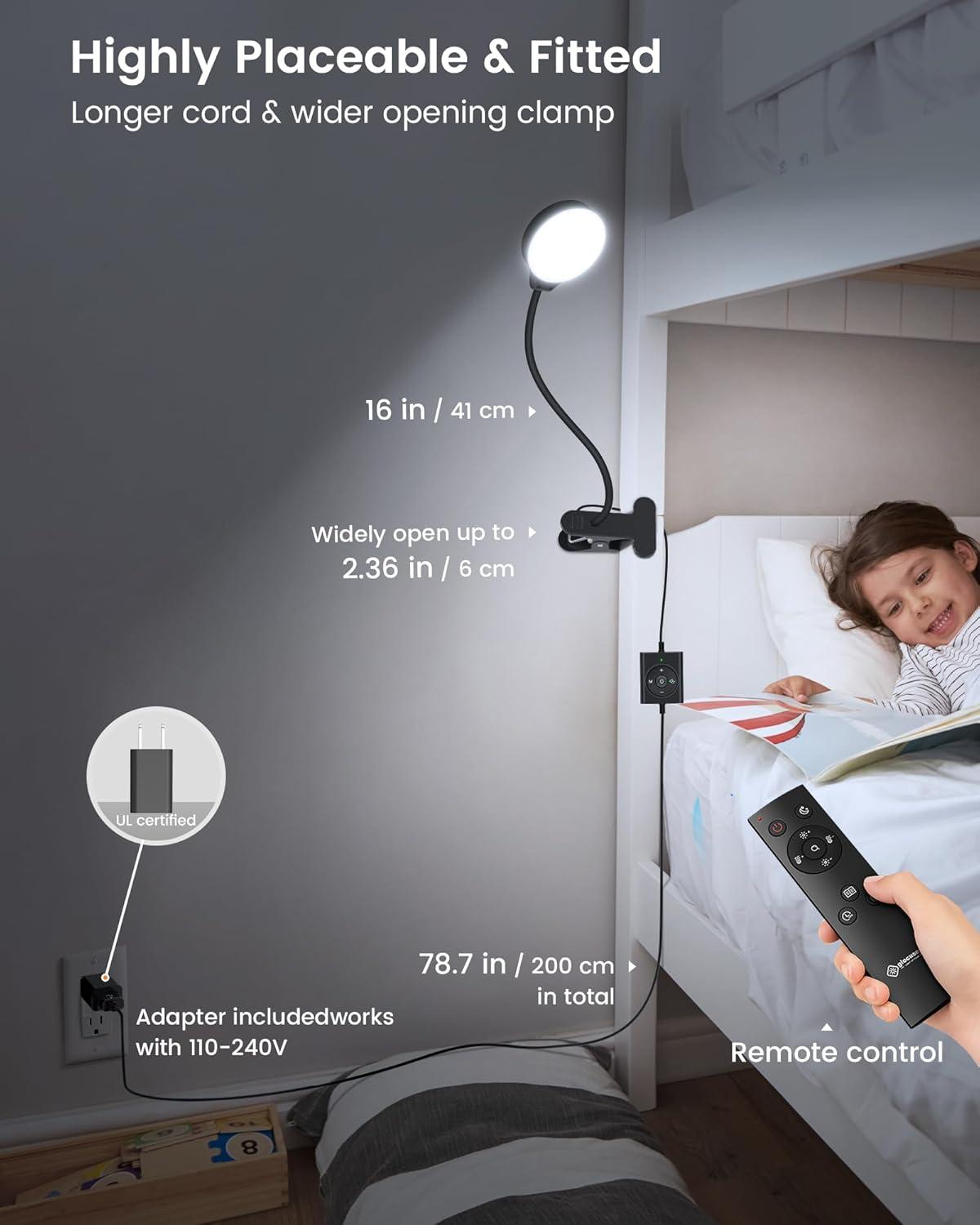 image:imageGlocusent 5W Reading Light for Bed 36 LED Eye Caring Bed Lamp 3 Colors amp 5 Brightness Levels for Headboard with Adapter Perfect Clip on Light for Reading Working amp Studying White with RemoteBlack with Remote
