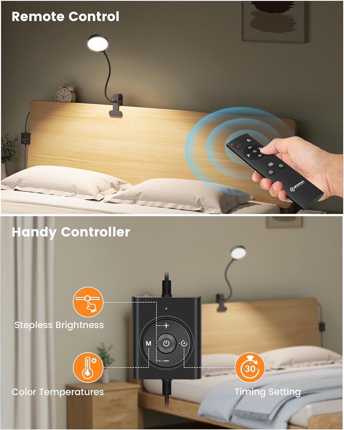 image:imageGlocusent 5W Reading Light for Bed 36 LED Eye Caring Bed Lamp 3 Colors amp 5 Brightness Levels for Headboard with Adapter Perfect Clip on Light for Reading Working amp Studying White with RemoteBlack with Remote