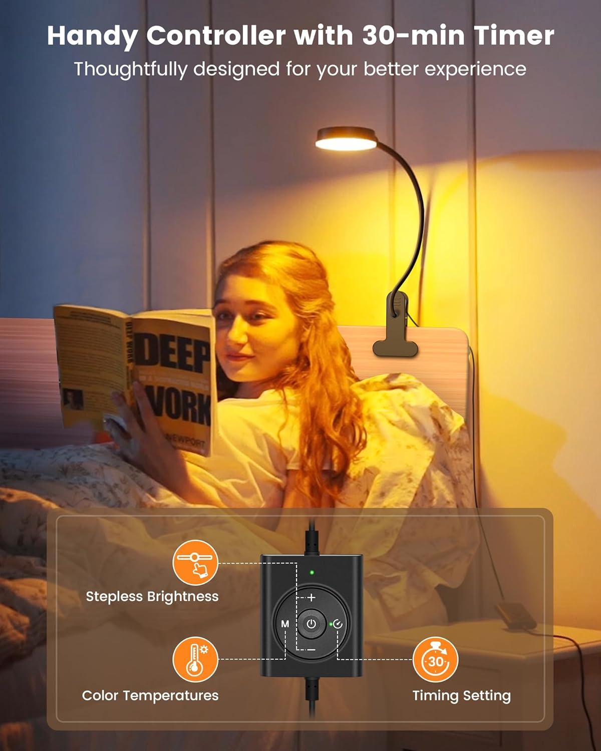 image:imageGlocusent 5W Reading Light for Bed 36 LED Eye Caring Bed Lamp 3 Colors amp 5 Brightness Levels for Headboard with Adapter Perfect Clip on Light for Reading Working amp Studying White with RemoteBlack