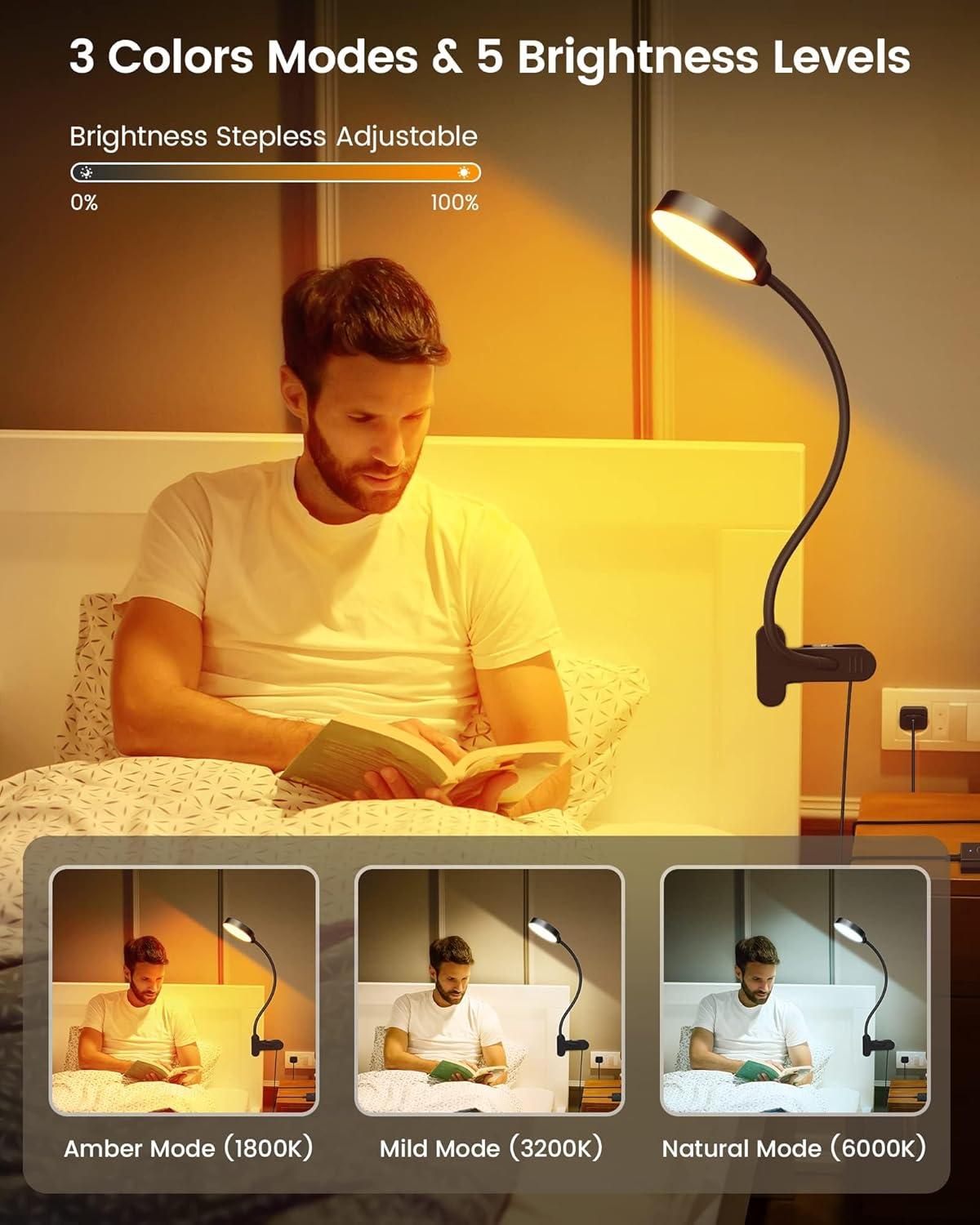 image:imageGlocusent 5W Reading Light for Bed 36 LED Eye Caring Bed Lamp 3 Colors amp 5 Brightness Levels for Headboard with Adapter Perfect Clip on Light for Reading Working amp Studying White with RemoteBlack with Remote