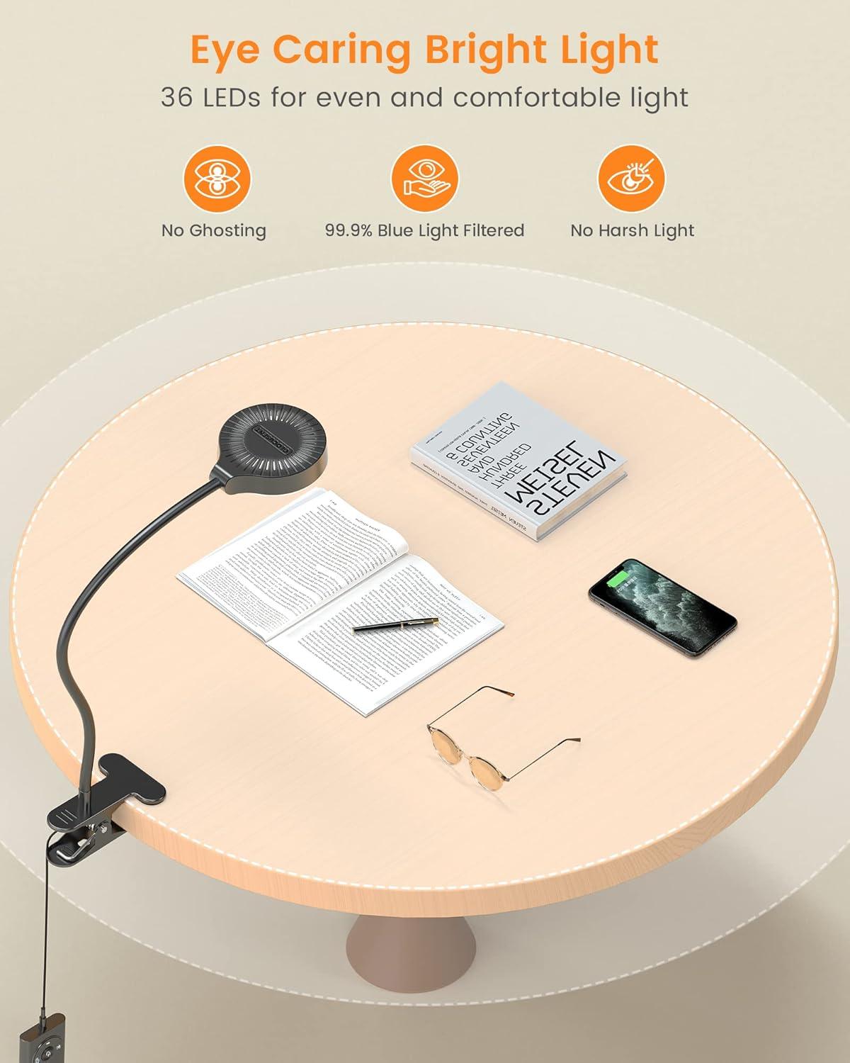 image:imageGlocusent 5W Reading Light for Bed 36 LED Eye Caring Bed Lamp 3 Colors amp 5 Brightness Levels for Headboard with Adapter Perfect Clip on Light for Reading Working amp Studying White with RemoteBlack