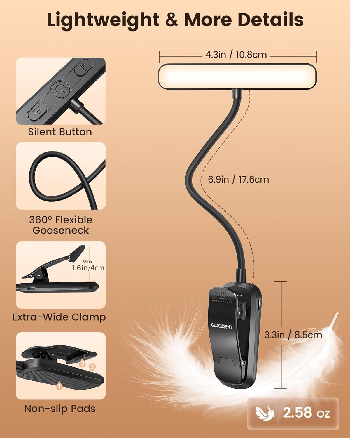 image:imageGlocusent 630nm Red Light Reading Light 26 LEDs Zero Blue Light 1600K Amber Book Light with 3 Modes amp 5 Brightness Dimmable 120H Runtime EyeCare Clip on Light for Book Lovers and Kids