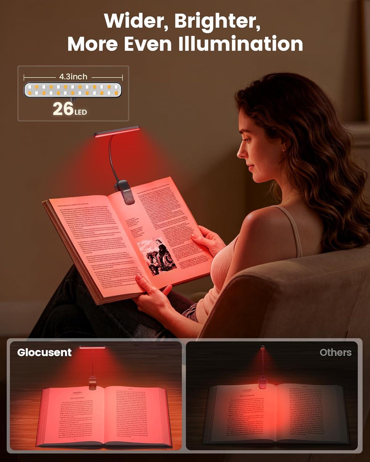 image:imageGlocusent 630nm Red Light Reading Light 26 LEDs Zero Blue Light 1600K Amber Book Light with 3 Modes amp 5 Brightness Dimmable 120H Runtime EyeCare Clip on Light for Book Lovers and Kids