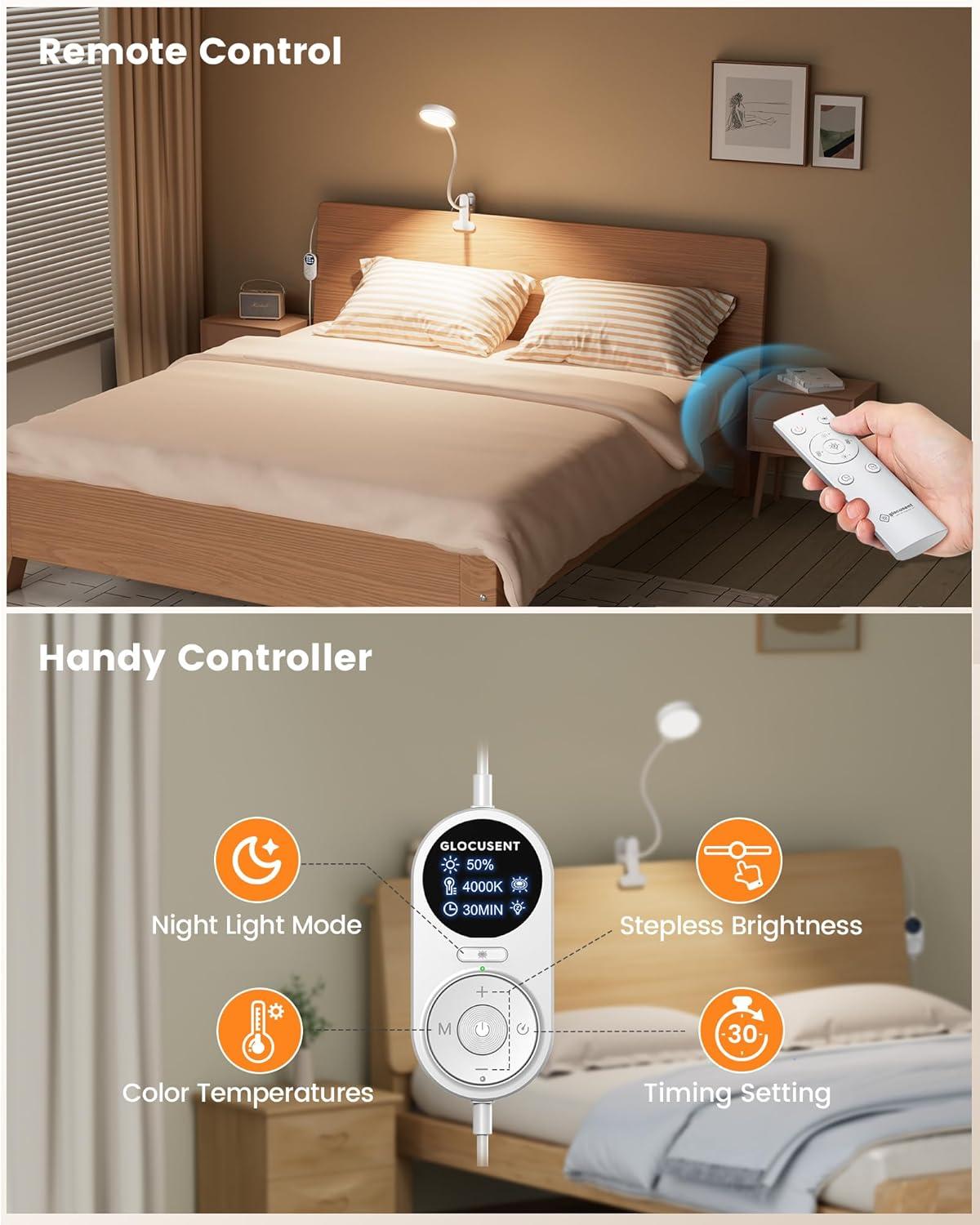 image:imageGlocusent 72 LED Clip on Lamp with Remote Reading Light with Amber Ring 3 Colors amp 5 Dimmable Bed Lamp 3060Min Auto Off Timer Clamp Light for HeadboardDormBunk BlackWhite with Remote