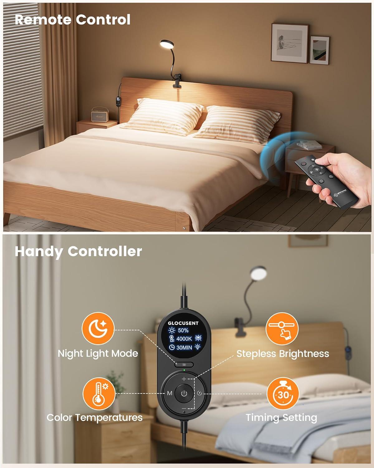 image:imageGlocusent 72 LED Clip on Lamp with Remote Reading Light with Amber Ring 3 Colors amp 5 Dimmable Bed Lamp 3060Min Auto Off Timer Clamp Light for HeadboardDormBunk BlackBlack with Remote