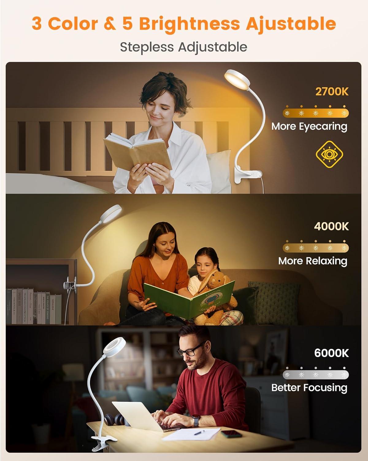 image:imageGlocusent 72 LED Clip on Lamp with Remote Reading Light with Amber Ring 3 Colors amp 5 Dimmable Bed Lamp 3060Min Auto Off Timer Clamp Light for HeadboardDormBunk BlackWhite with Remote