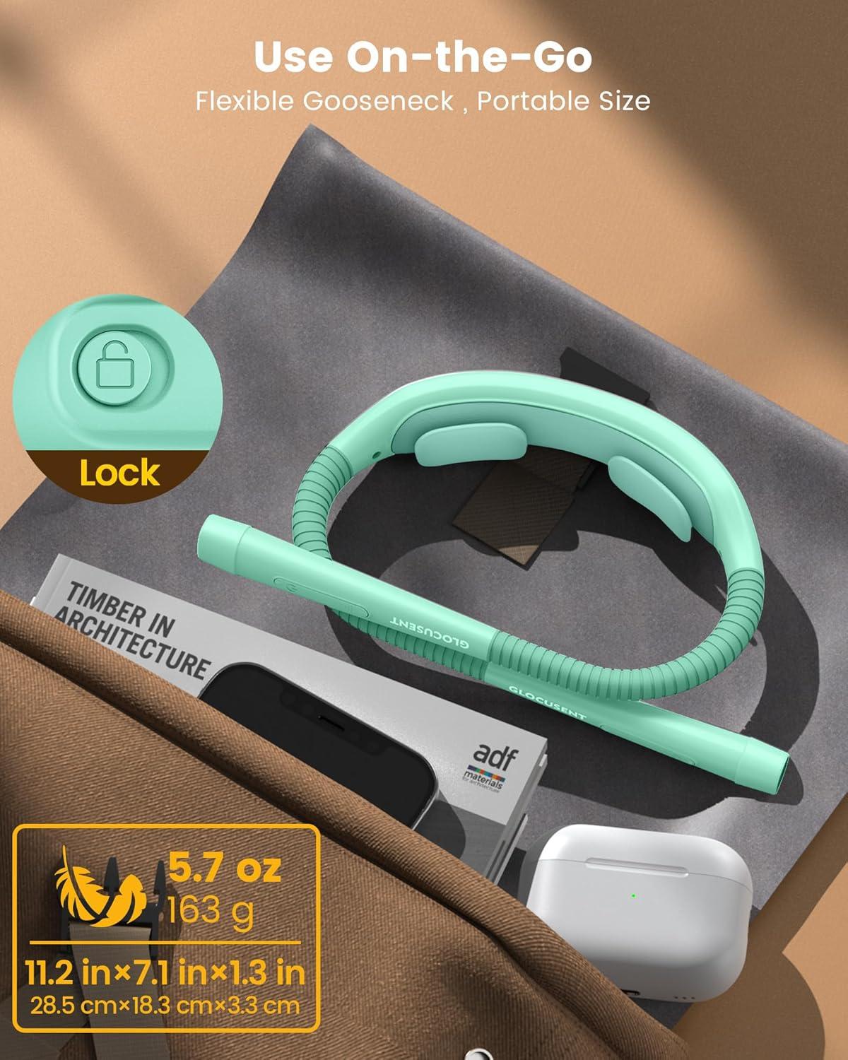 image:imageGlocusent Ergonomic Reading Lights for Books in Bed 1600mAh Rechargeable Book Light 100 Hrs 3 Colors amp 5 Brightness Neck Light with Timers Sleep Aid amp Travel LockMint Green