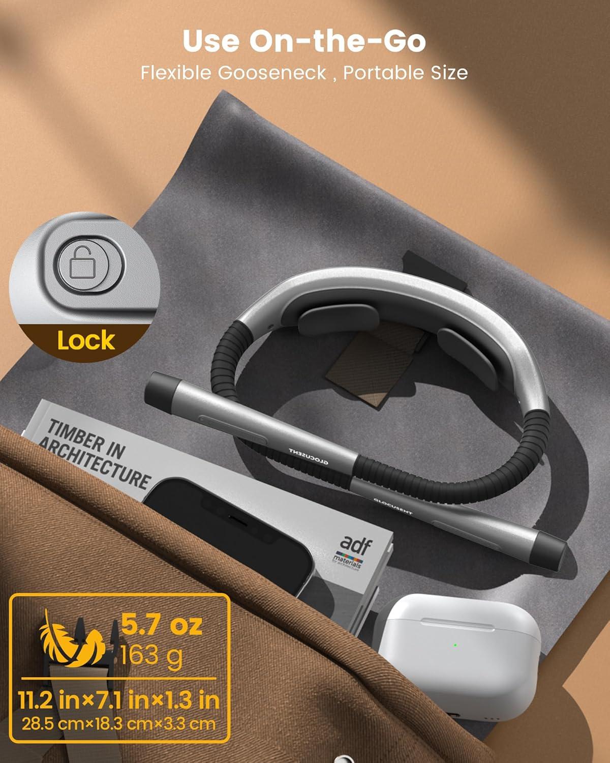 image:imageGlocusent Ergonomic Reading Lights for Books in Bed 1600mAh Rechargeable Book Light 100 Hrs 3 Colors amp 5 Brightness Neck Light with Timers Sleep Aid amp Travel LockGray