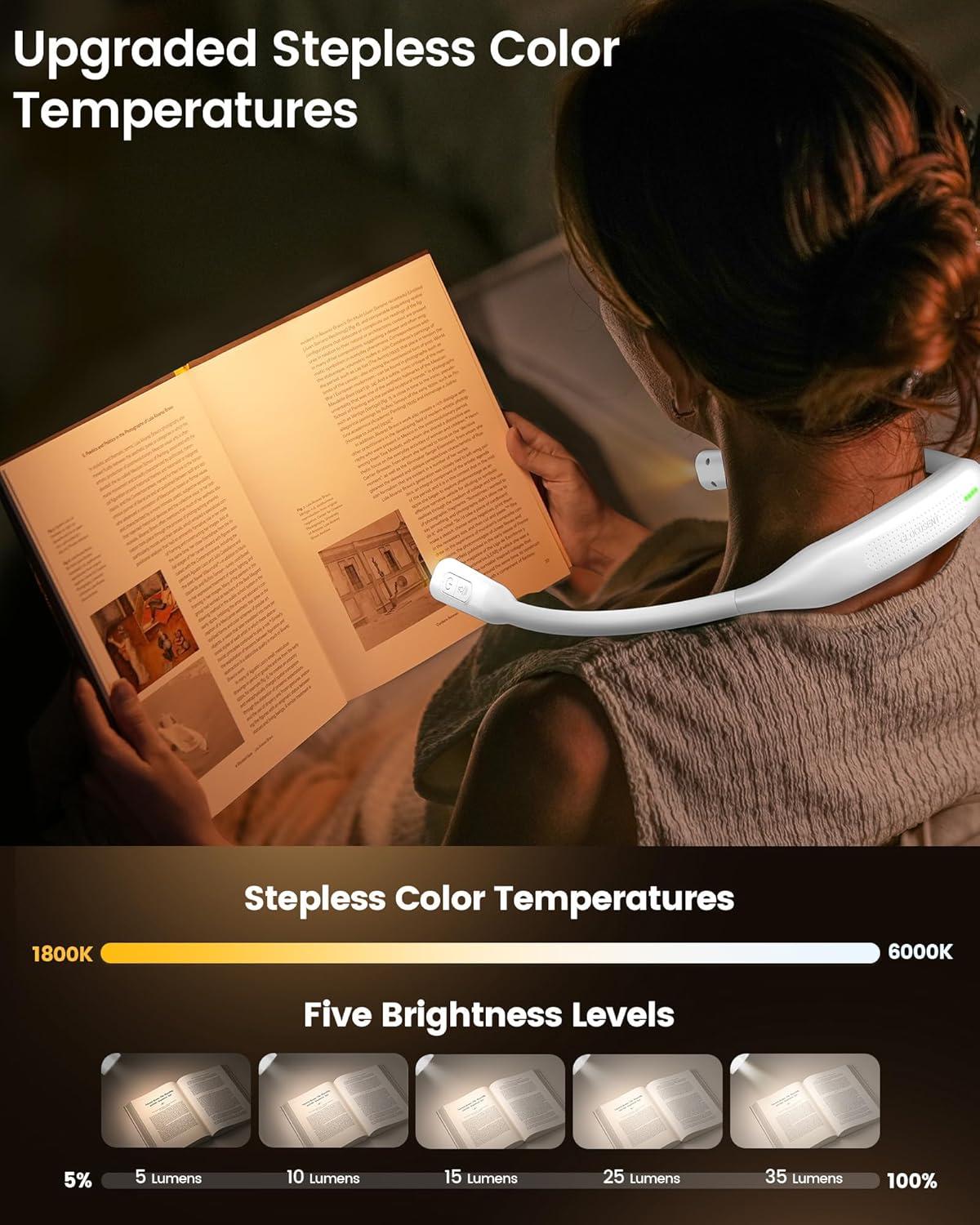 image:imageGlocusent Neck Book Light 1200mAh Rechargeable Neck Reading Light Hands Free Book Lights for Reading at Night 5 Colors amp 5 Brightness Private Lightweight Book Reading Light in Bed for Book LoversWhite
