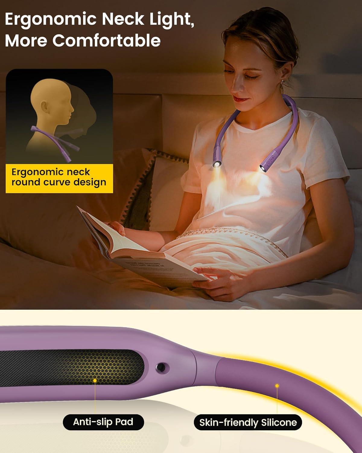 image:imageGlocusent Neck Book Light 1200mAh Rechargeable Neck Reading Light Hands Free Book Lights for Reading at Night 5 Colors amp 5 Brightness Private Lightweight Book Reading Light in Bed for Book LoversPurple