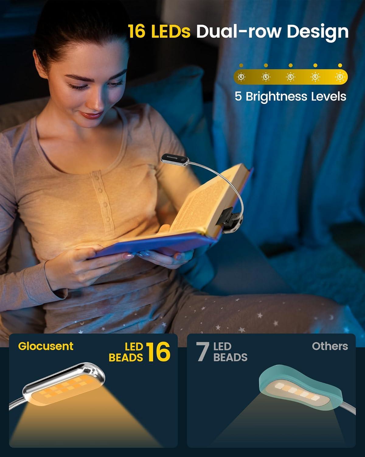 image:imageGlocusent Posh Premium Book Light for Reading in Bed with Timer 16LED Rechargeable Reading Light Runs 160hrs 1800K Eyecaring Clip on Book Light 3 Colors amp 5 Brightness Levels Perfect for Readers