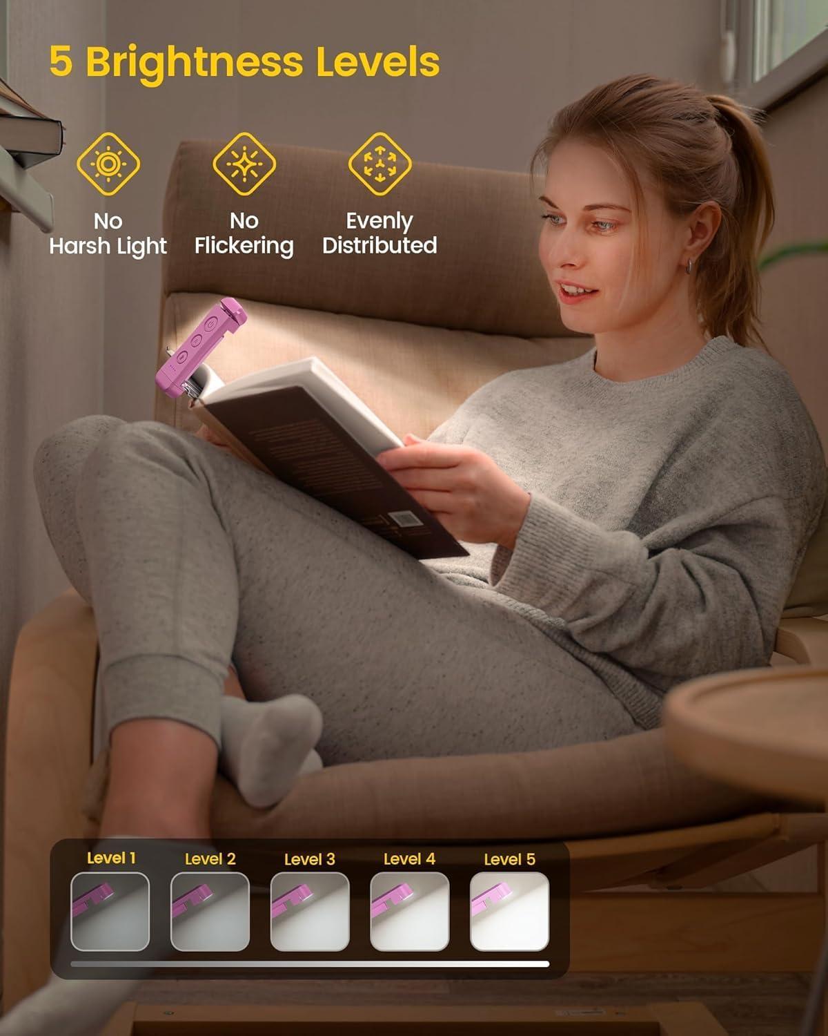 image:imageGlocusent USB Rechargeable Book Light Portable Clipon LED Reading Light Reading Lights for Books in Bed with 3 Amber Colors amp 5 Brightness Dimmable Compact amp Long Lasting Perfect for Book LoversPink