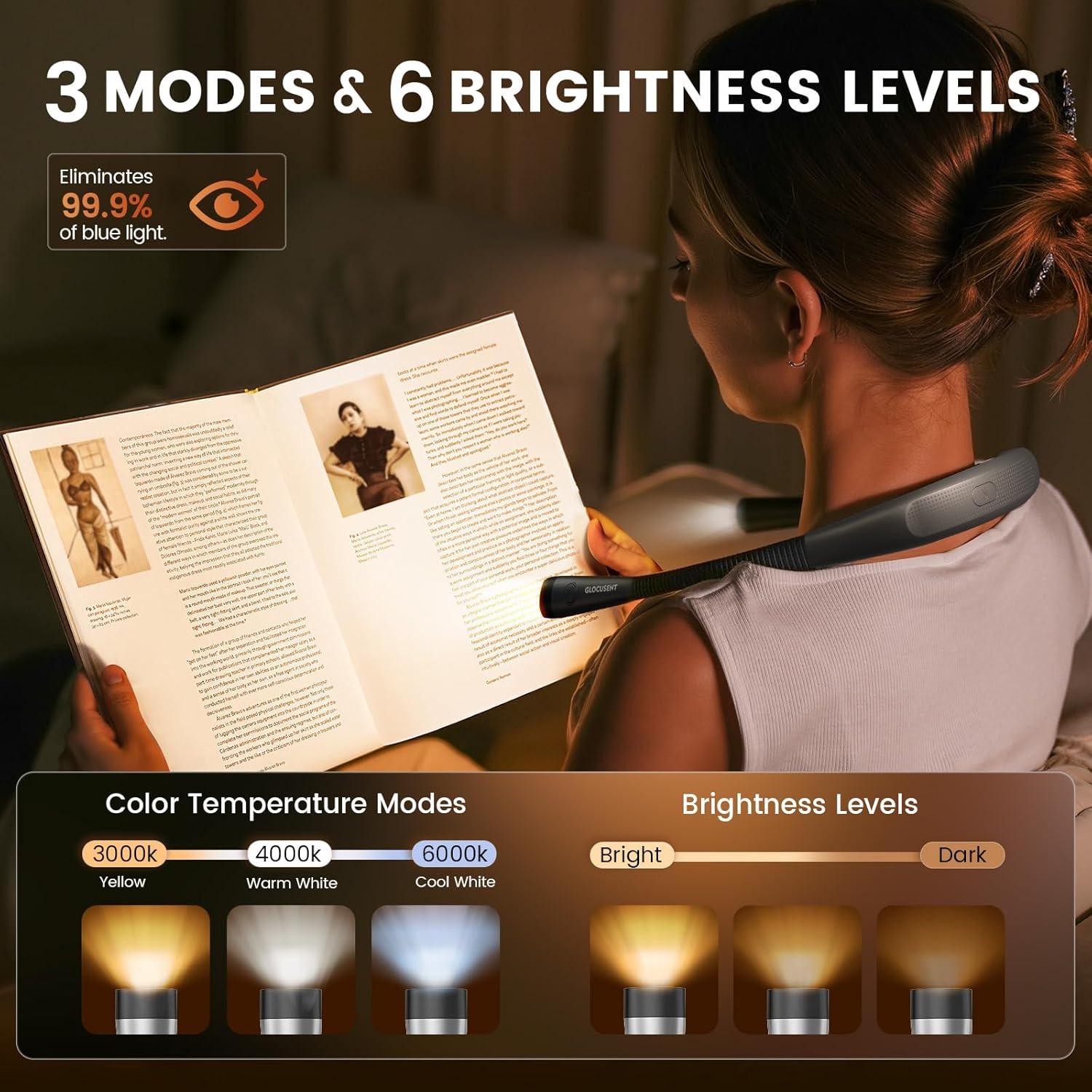 image:imageGlocusent Upgraded LED Neck Reading Light Book Light for Reading in Bed 30min Timer 3 Colors amp 3 Brightness Adjustable Rechargeable amp Long Lasting Perfect for Reading KnittingGray