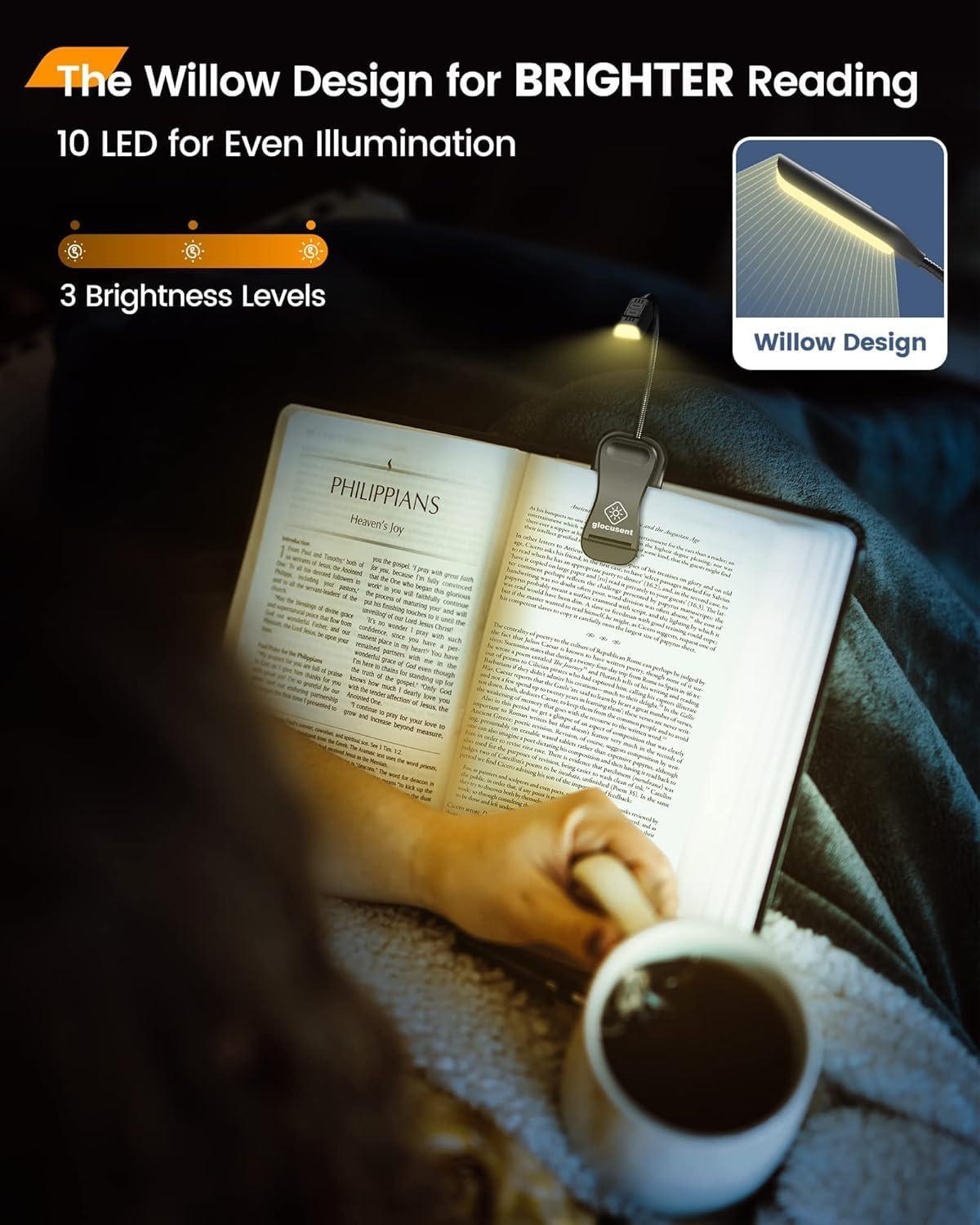 image:imageGlocusent Willow Book Light 10LED 3 Colors amp 3 Brightness Rechargeable Lightweight Clip on Modern Design Pure White ABS Material USBC 80hr Runtime Ideal for Book LoversBlack