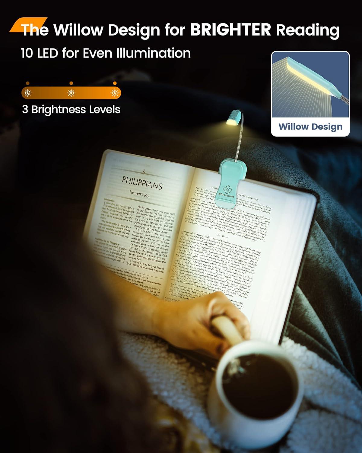 image:imageGlocusent Willow Book Light 10LED 3 Colors amp 3 Brightness Rechargeable Lightweight Clip on Modern Design Pure White ABS Material USBC 80hr Runtime Ideal for Book LoversBlue