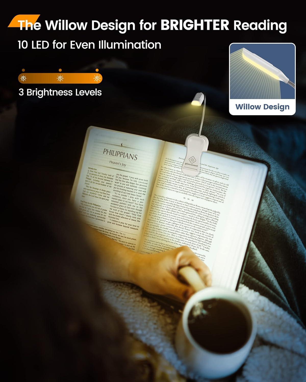 image:imageGlocusent Willow Book Light 10LED 3 Colors amp 3 Brightness Rechargeable Lightweight Clip on Modern Design Pure White ABS Material USBC 80hr Runtime Ideal for Book LoversWhite