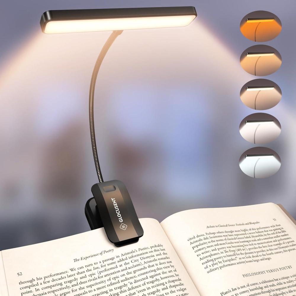 image:imageGlocusent 26 LED Book Light 1200 mAh 90 Hrs Lasting Rechargeable Reading Light 5 Amber Colors amp Stepless Dimming Book Reading Light Portable Clip on Light for Book Lovers KidsBlack