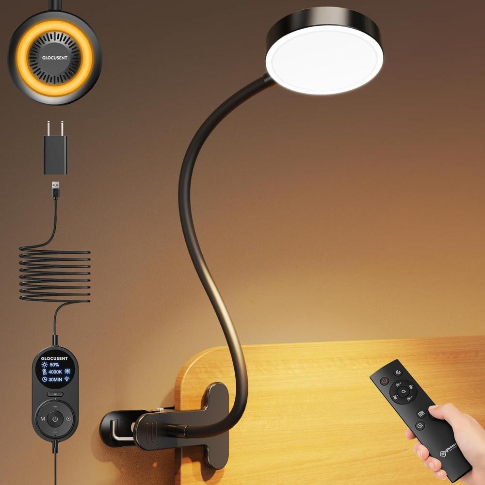 image:imageGlocusent 72 LED Clip on Lamp with Remote Reading Light with Amber Ring 3 Colors amp 5 Dimmable Bed Lamp 3060Min Auto Off Timer Clamp Light for HeadboardDormBunk BlackBlack with Remote
