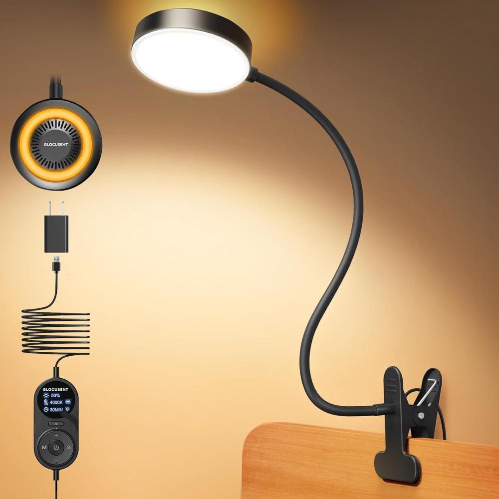 image:imageGlocusent 72 LED Clip on Lamp with Remote Reading Light with Amber Ring 3 Colors amp 5 Dimmable Bed Lamp 3060Min Auto Off Timer Clamp Light for HeadboardDormBunk BlackBlack