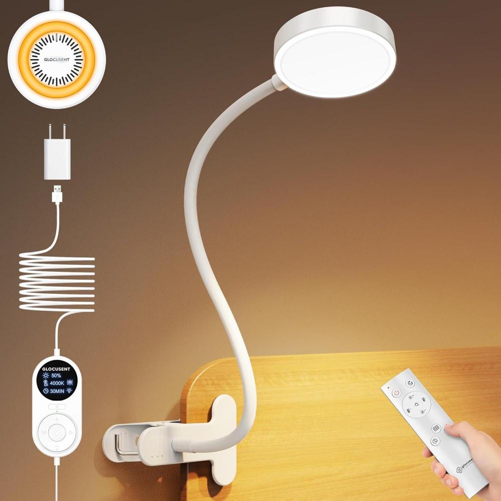 image:imageGlocusent 72 LED Clip on Lamp with Remote Reading Light with Amber Ring 3 Colors amp 5 Dimmable Bed Lamp 3060Min Auto Off Timer Clamp Light for HeadboardDormBunk BlackWhite with Remote