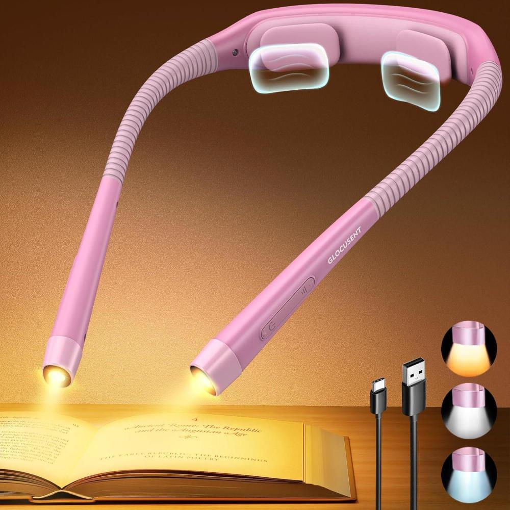image:imageGlocusent Ergonomic Reading Lights for Books in Bed 1600mAh Rechargeable Book Light 100 Hrs 3 Colors amp 5 Brightness Neck Light with Timers Sleep Aid amp Travel LockPink