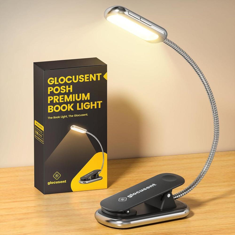 image:imageGlocusent Posh Premium Book Light for Reading in Bed with Timer 16LED Rechargeable Reading Light Runs 160hrs 1800K Eyecaring Clip on Book Light 3 Colors amp 5 Brightness Levels Perfect for Readers