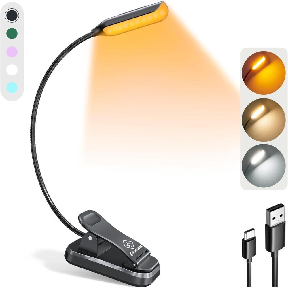 image:imageGlocusent Willow Book Light 10LED 3 Colors amp 3 Brightness Rechargeable Lightweight Clip on Modern Design Pure White ABS Material USBC 80hr Runtime Ideal for Book LoversBlack