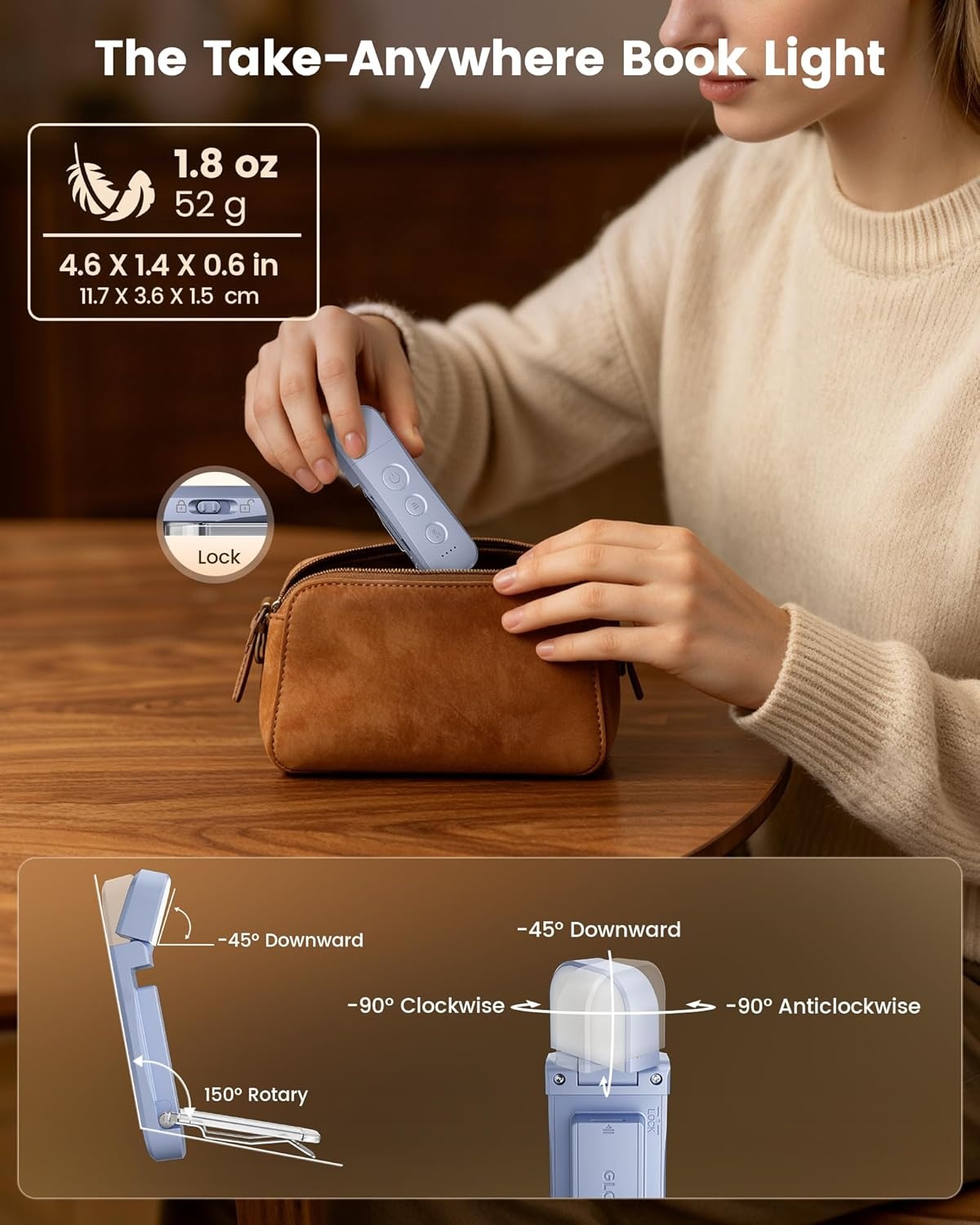 image:imageGlocusent 12 LED Book Light Reading Lights for Books in Bed with 5 Colors amp 5 Brightness Portable Clip on Reading Light USBC Rechargeable for 200H with Travel Lock Perfect Gifts for Book LoversPurple